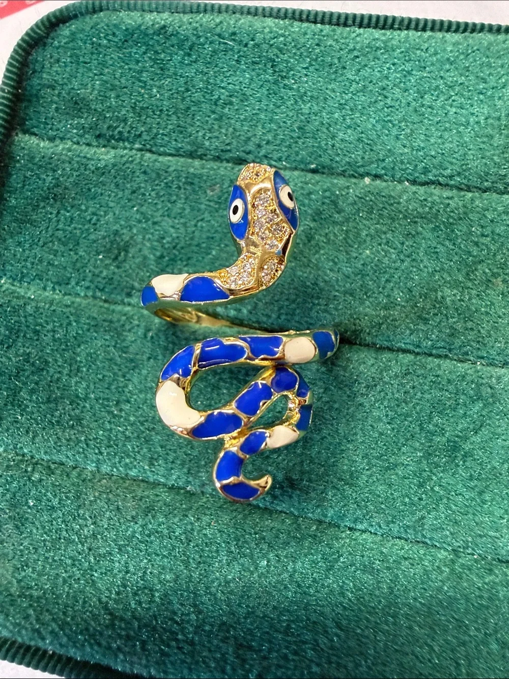 Blue & White Enamel Snake Wrap Ring size 8